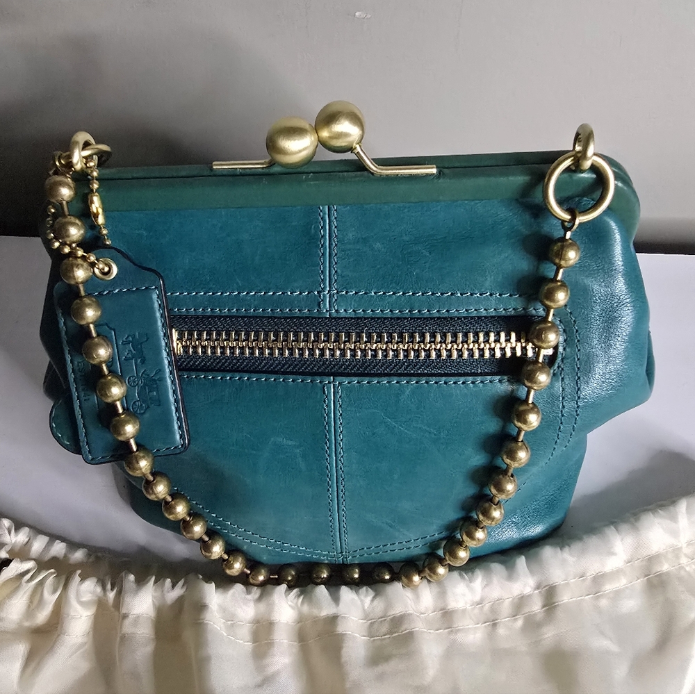 Coach Bleecker Legacy Kisslock Elegant Teal Leather Bag with Gold Chain, Vintage - Picture 2 of 13